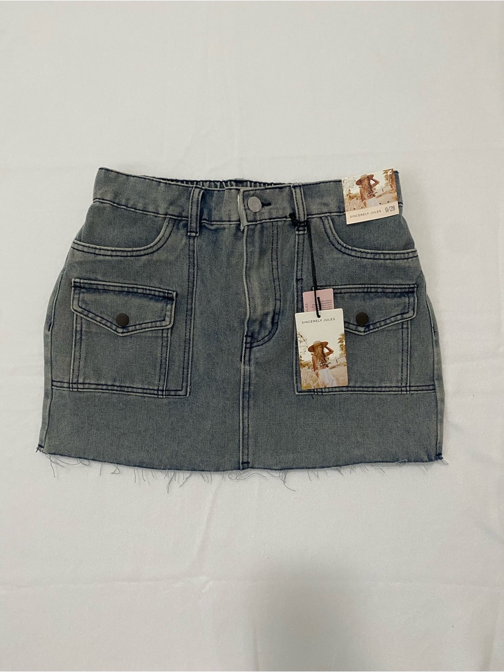 Sincerely Jules Washed Gray Denim Mini Skirt with Patch Pockets